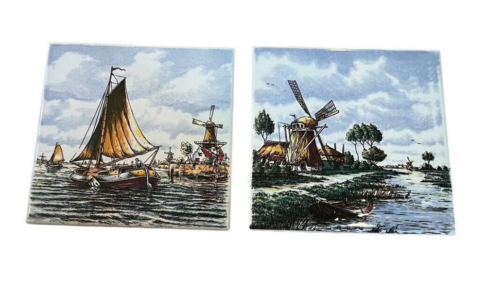 2 VTG Delft Hand Painted Wall Tiles Holland Windmill & Sailboat Belgium